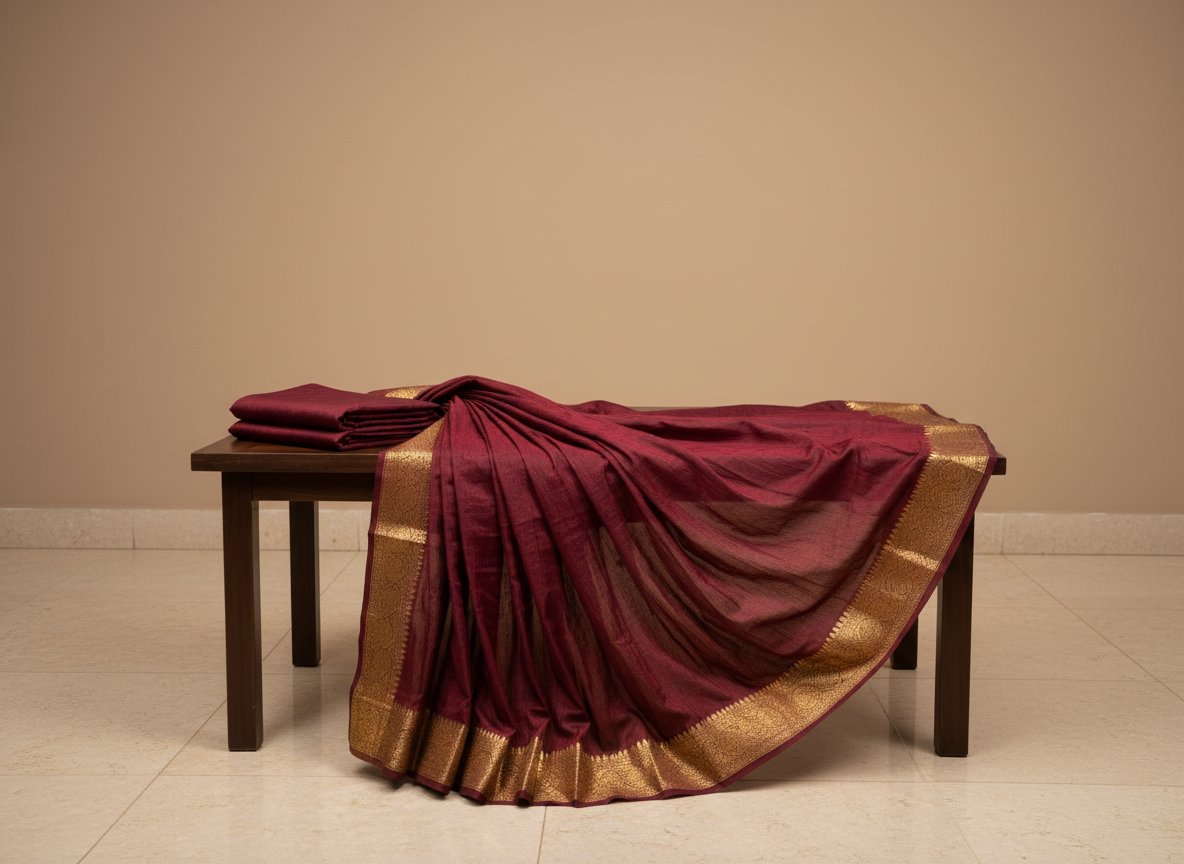 A luxurious pure CSG Mysore crepe silk saree in classic royal maroon, neatly pleated with its full pallu fanned out across a low dark teak display table. The saree’s fluid, slightly textured crepe weave shows a soft matte sheen, while a rich zari border in antique gold runs crisply along the edges. Shot in a minimal boutique-style studio with a neutral warm-beige backdrop and polished stone floor, under soft diffused overhead lighting that highlights the drape and fall of the fabric. Photographic realism, eye-level angle with a slight diagonal composition, shallow depth of field keeping the saree in sharp focus while the background fades into a calm, professional blur.