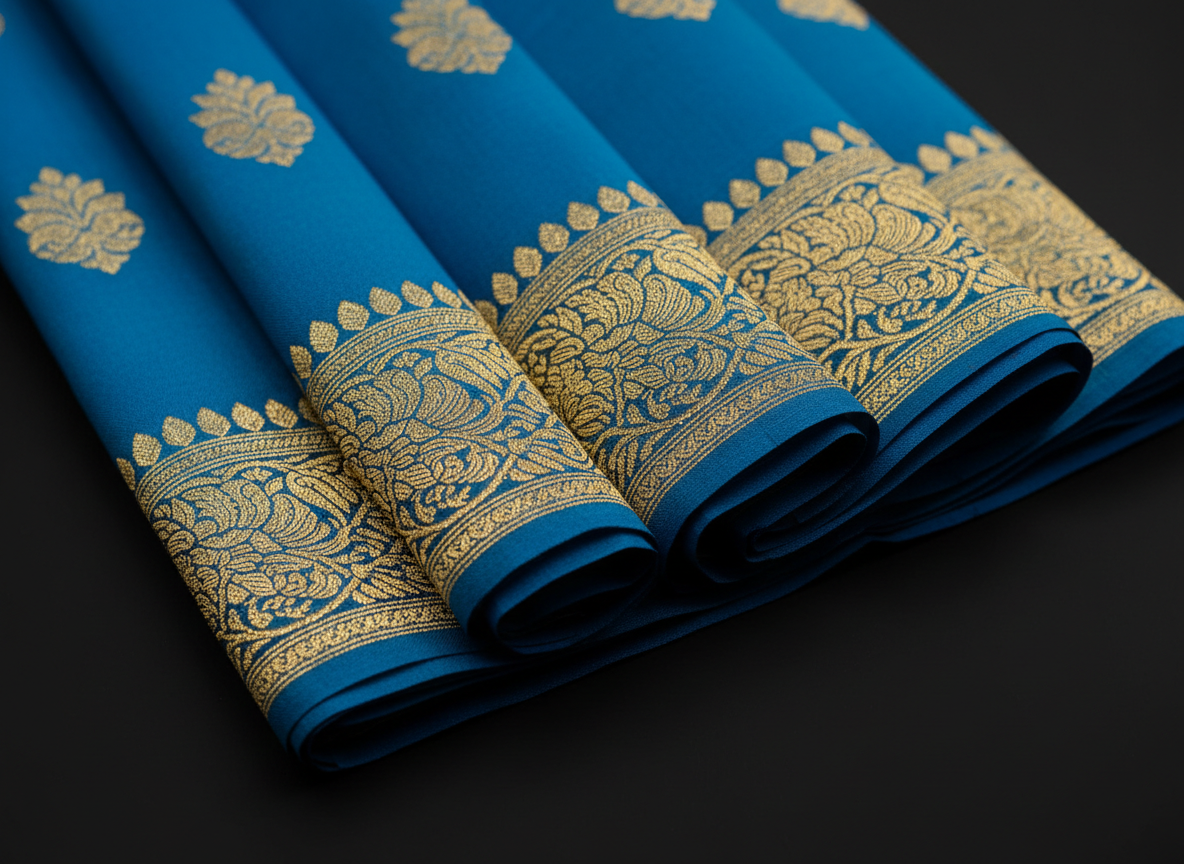 A close-up, photographic detail of a pure CSG Mysore crepe silk saree border, showing the fine crepe texture and intricate gold zari motifs. The fabric is a deep peacock blue, gently folded so micro-shadows reveal the characteristic soft, grainy crepe surface. The frame is tightly focused on the border where the shimmering zari catches warm studio side light, creating delicate highlights along each thread. The saree rests on a matte black backdrop for contrast, with a clean, modern professional aesthetic. Shot from an overhead angle with extreme sharpness on the weave, fading into bokeh toward the corners, conveying authenticity, craftsmanship, and premium quality.