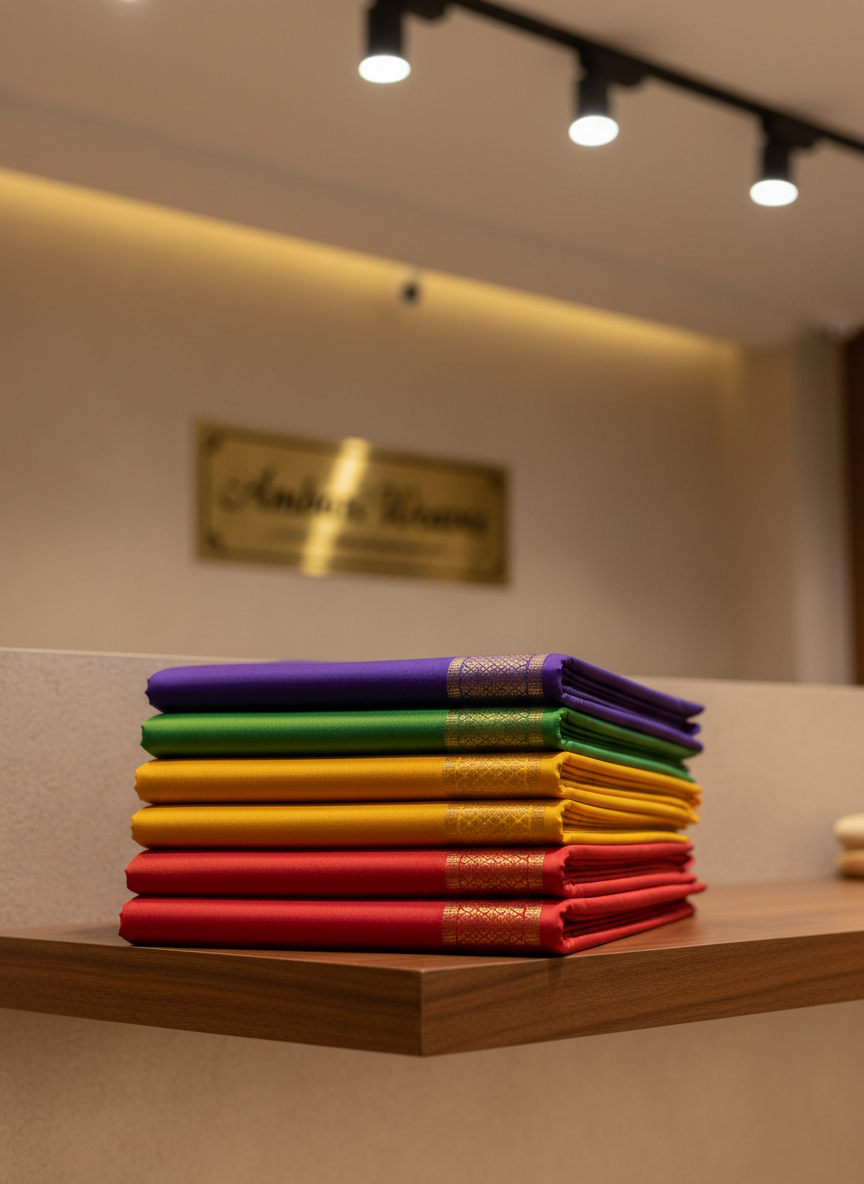 An elegant stack of neatly folded pure CSG Mysore crepe silk sarees arranged on a smooth walnut shelf, each saree in a different traditional South Indian color: vermilion red, turmeric yellow, parrot green, royal purple, and ivory. Slim gold zari borders align into a subtle rhythmic pattern. The setting is a refined boutique interior with soft beige walls and a single brass nameplate reading “Ambari Weaves” blurred in the background. Warm, diffused track lighting from above casts gentle, even illumination, producing soft shadows and a polished, professional mood. Photographic realism, shot at eye level with rule-of-thirds composition and a medium depth of field, emphasizing the front sarees while the rest gradually soften into the background.