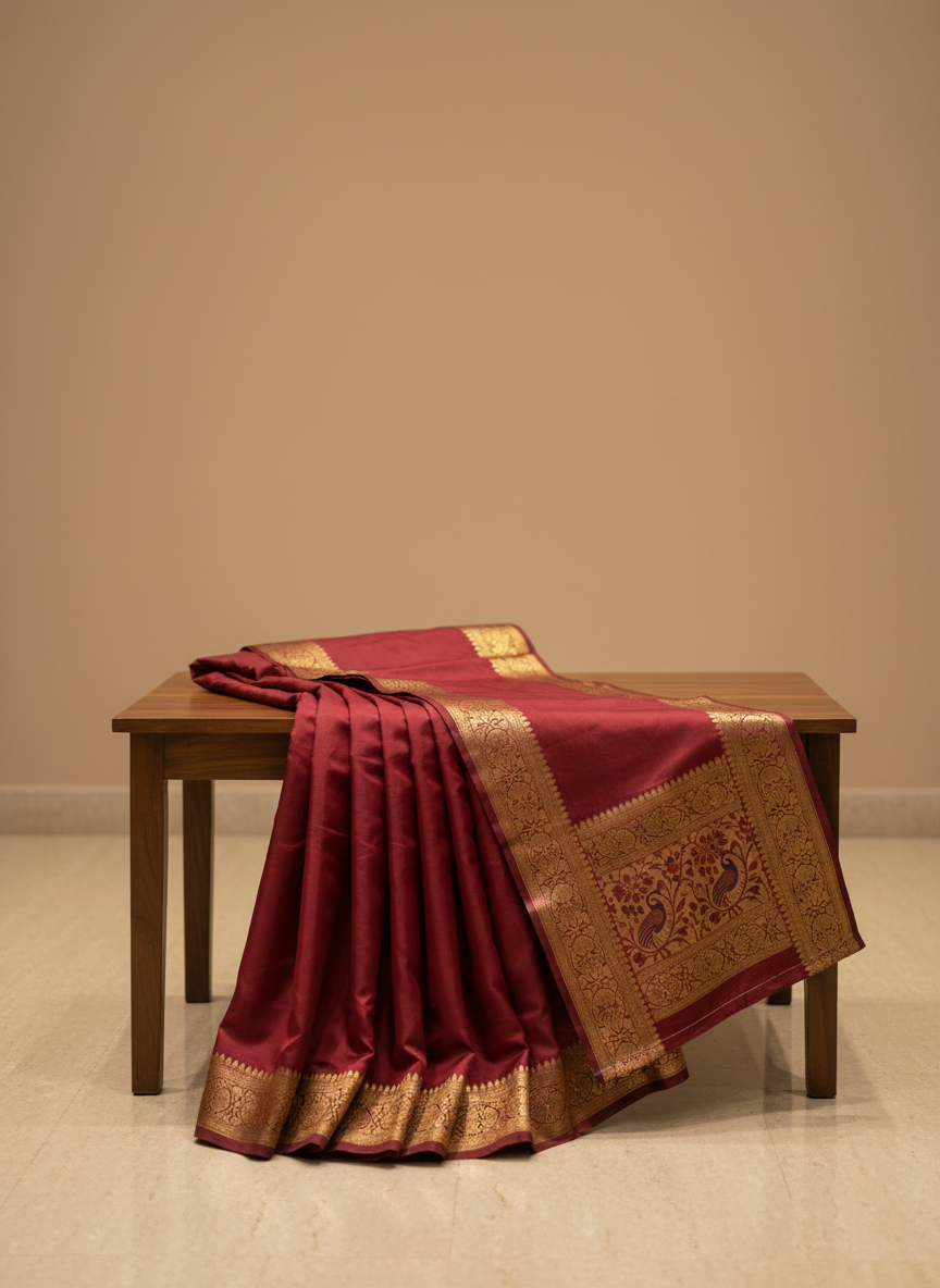 A luxurious pure CSG Mysore crepe silk saree in classic royal maroon, neatly pleated with its full pallu fanned out across a low dark teak display table. The saree’s fluid, slightly textured crepe weave shows a soft matte sheen, while a rich zari border in antique gold runs crisply along the edges. Shot in a minimal boutique-style studio with a neutral warm-beige backdrop and polished stone floor, under soft diffused overhead lighting that highlights the drape and fall of the fabric. Photographic realism, eye-level angle with a slight diagonal composition, shallow depth of field keeping the saree in sharp focus while the background fades into a calm, professional blur.