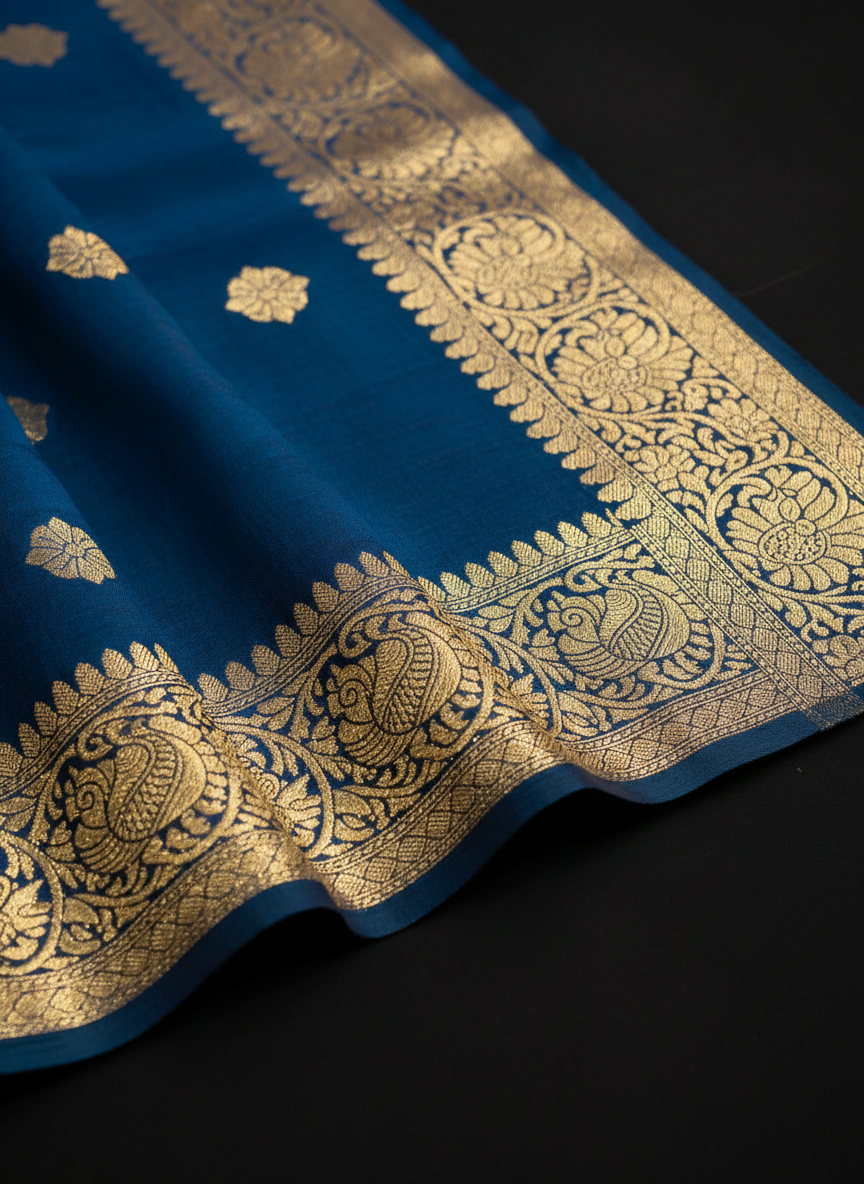 A close-up, photographic detail of a pure CSG Mysore crepe silk saree border, showing the fine crepe texture and intricate gold zari motifs. The fabric is a deep peacock blue, gently folded so micro-shadows reveal the characteristic soft, grainy crepe surface. The frame is tightly focused on the border where the shimmering zari catches warm studio side light, creating delicate highlights along each thread. The saree rests on a matte black backdrop for contrast, with a clean, modern professional aesthetic. Shot from an overhead angle with extreme sharpness on the weave, fading into bokeh toward the corners, conveying authenticity, craftsmanship, and premium quality.