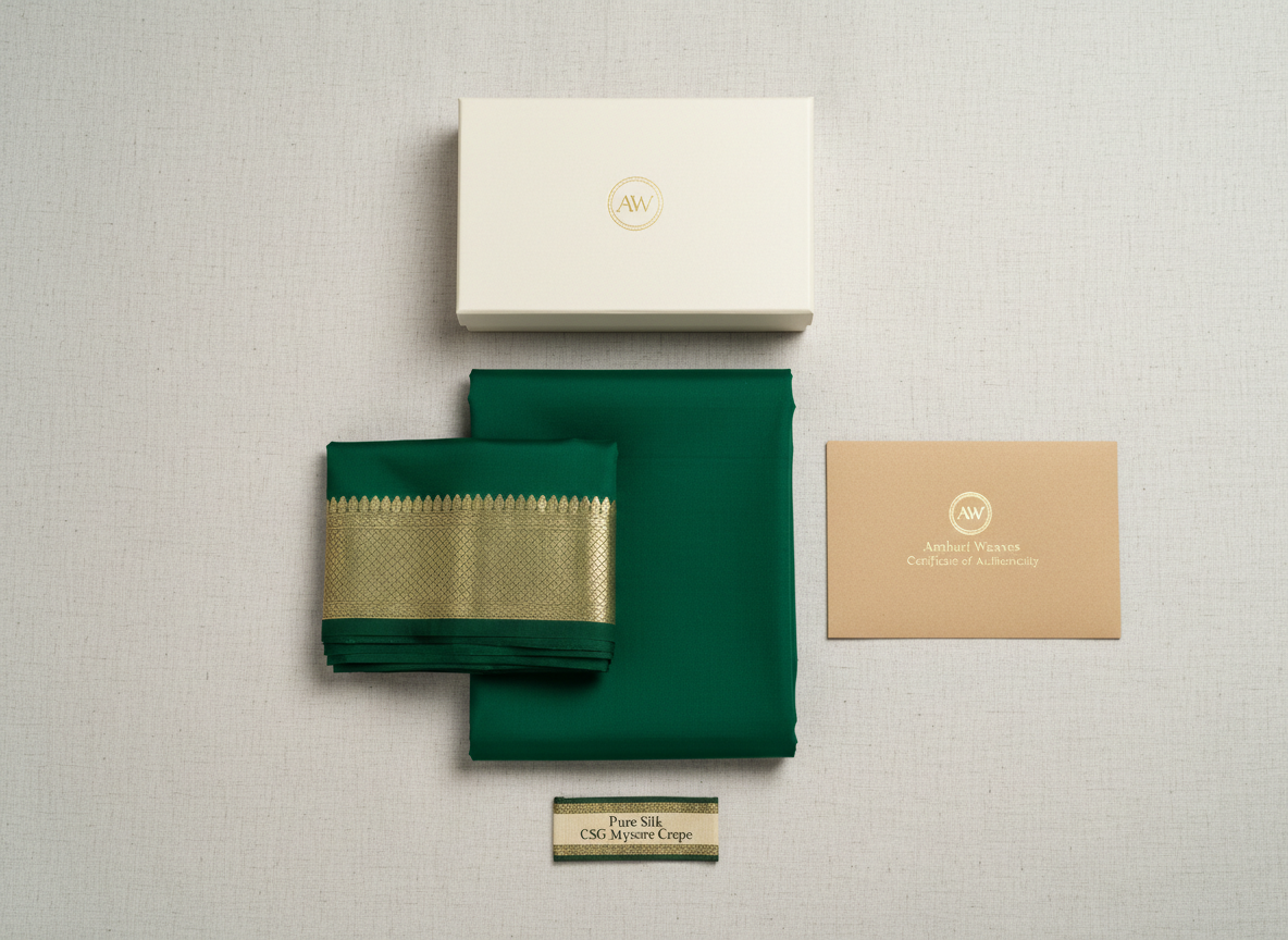A meticulous flat-lay composition showcasing the elements of a premium Mysore crepe saree purchase from Ambari Weaves: a folded pure CSG Mysore crepe silk saree in deep emerald with gold border, a branded kraft certificate envelope, a small woven label reading “Pure Silk – CSG Mysore Crepe,” and a minimal ivory box with embossed gold logo. All items are arranged on a textured off-white linen surface. Soft, diffused overhead studio lighting removes harsh shadows, creating a refined, trustworthy, professional mood. Photographic realism, captured from a true top-down bird’s-eye perspective with balanced spacing and ample negative space, ideal for an e-commerce product detail or authenticity-focused banner image.