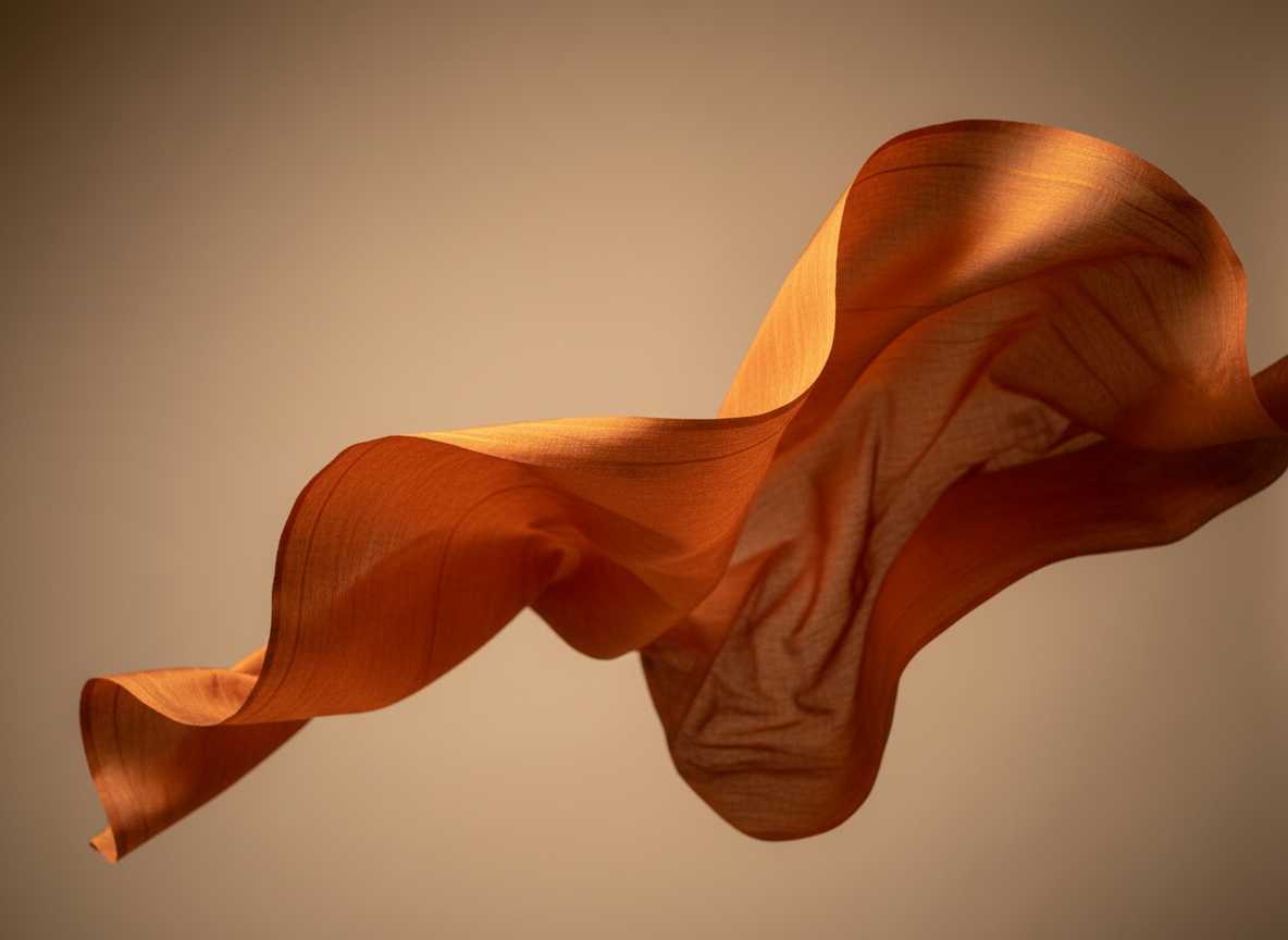 An artistic, close-range photograph of the pallu of a pure CSG Mysore crepe silk saree in burnt orange, gently billowing as if caught in a soft indoor breeze. The image captures mid-air folds and curves, emphasizing the fabric’s fluid drape and lightweight yet substantial crepe texture. A minimal, gradient warm-beige backdrop creates depth without distraction. Directional studio lighting from the right creates subtle highlights on the raised crests of the fabric and soft shadows in the troughs, evoking movement and luxury. Shot at eye level with a slightly telephoto lens for compression, shallow depth of field keeping the central wave of fabric razor sharp while the edges blur into an elegant, professional atmosphere.
