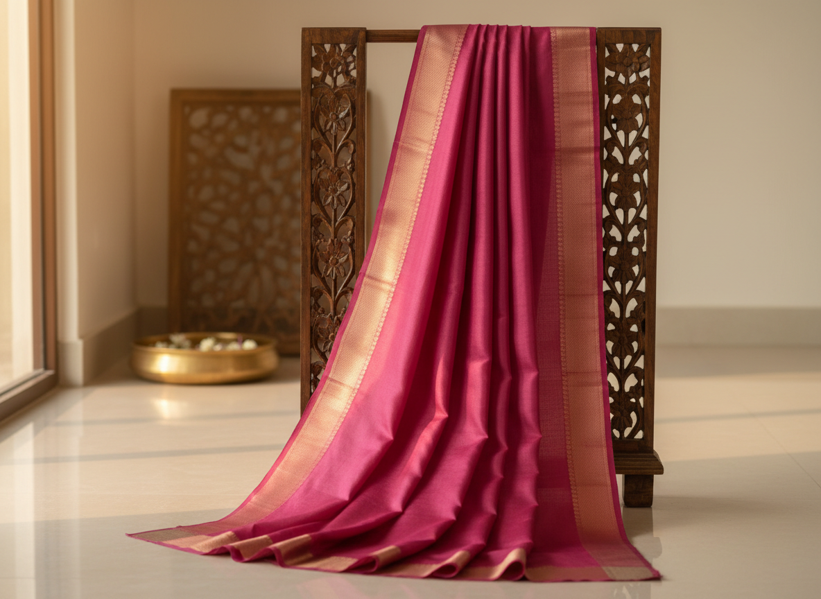 A single pure CSG Mysore crepe silk saree in rich rani pink flowing gracefully over a traditional carved wooden saree stand, its pallu cascading in natural folds onto a smooth cream-colored floor. The crepe silk’s fluidity is captured with subtle undulations and a soft, understated sheen, while a wide zari border in muted gold frames the edges. The background features a minimal, tastefully styled corner with a single brass urli and an unfocused wooden lattice panel. Gentle late-afternoon natural light enters from the left, combining with soft studio fill light to create a serene, sophisticated atmosphere. Photographic realism, shot from a slightly elevated angle, with a clean composition that highlights the fall and elegance of the drape.